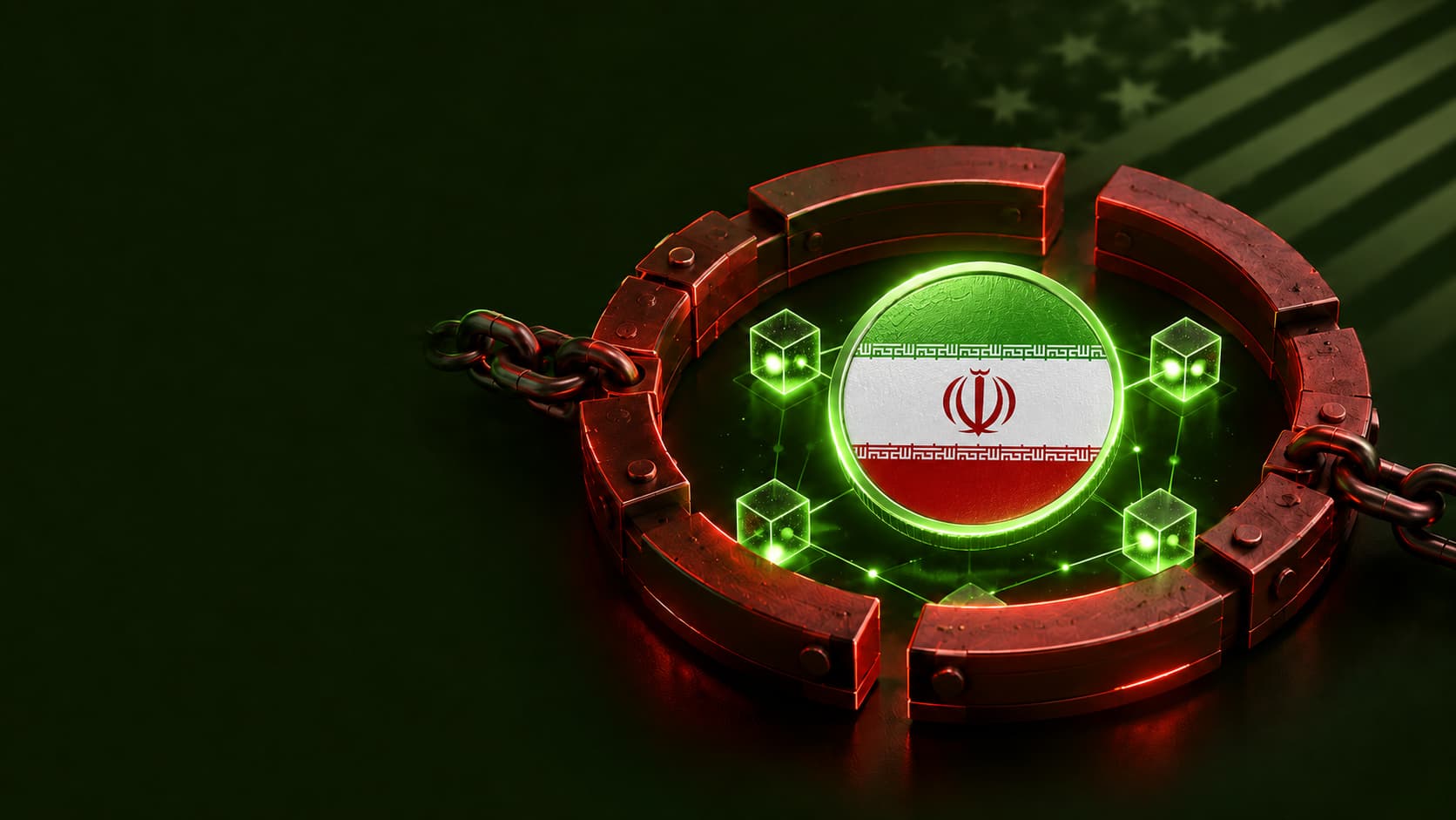 سکه‌ای با پرچم ایران در میان زنجیر و حلقه تحریم دارایی‌های دیجیتال