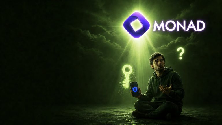 کاربر سردرگم با گوشی تراست ولت، کلید گمشده و لوگوی Monad
