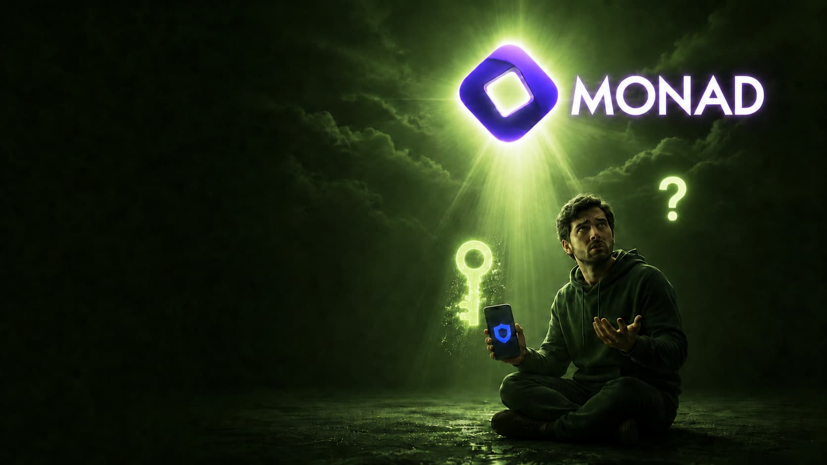 کاربر سردرگم با گوشی تراست ولت، کلید گمشده و لوگوی Monad