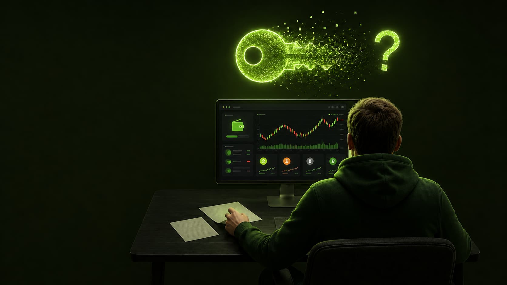 کاربر پشت سیستم در حال مشاهده داشبورد کریپتویی با کلید خصوصی محوشونده