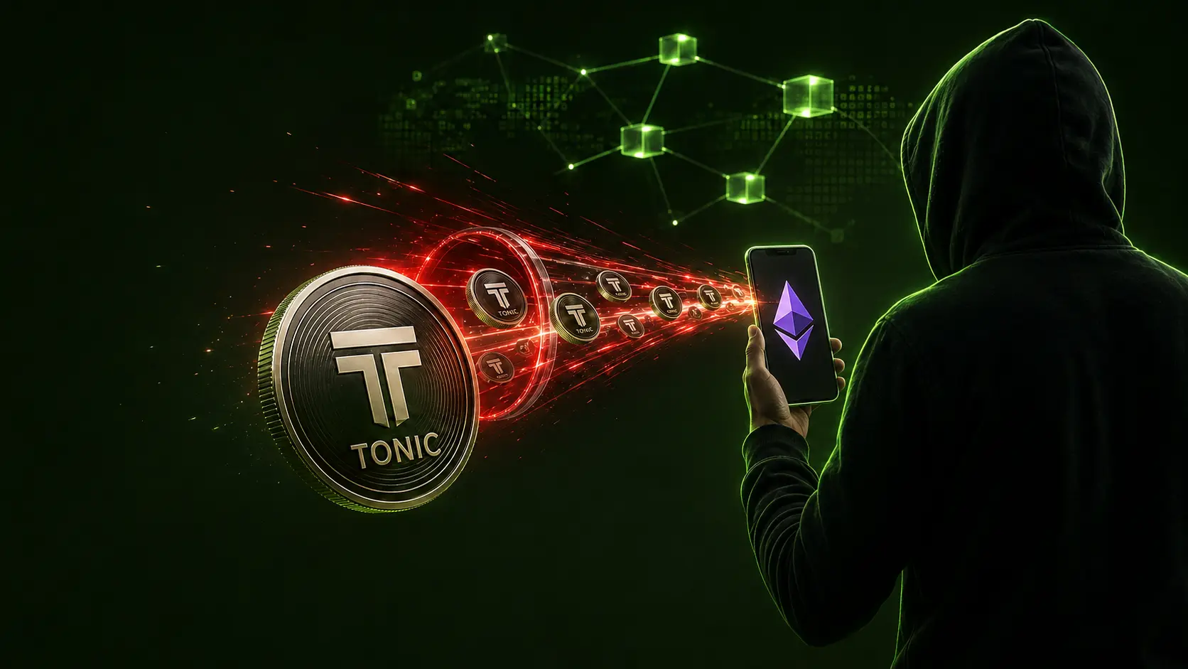 هکر ایستاده در حال دریافت توکن‌های TONIC روی گوشی دارای نشان اتریوم