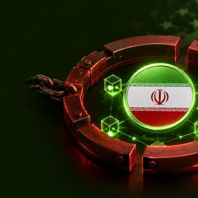 سکه‌ای با پرچم ایران در میان زنجیر و حلقه تحریم دارایی‌های دیجیتال