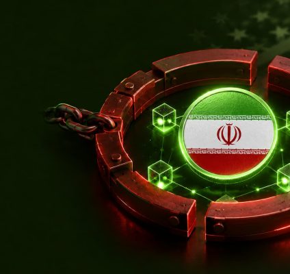 سکه‌ای با پرچم ایران در میان زنجیر و حلقه تحریم دارایی‌های دیجیتال