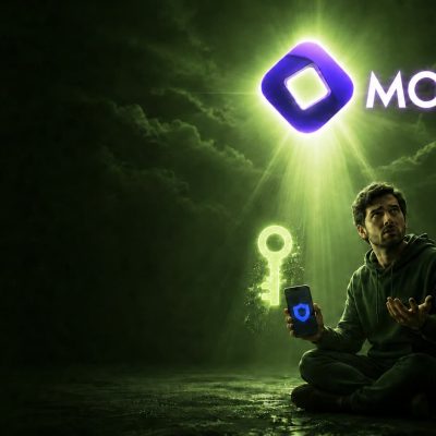 کاربر سردرگم با گوشی تراست ولت، کلید گمشده و لوگوی Monad